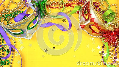 Mardi Gras overhead background with colorful masks and beads Stock Photo