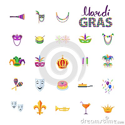 Mardi Gras Set of Carnival Decorative Elements Vector Illustration