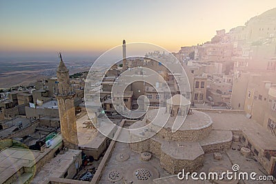 Mardin landscape beautiful sunset With minarets is best touristic destination of Mardin. High resolution landscape view of old Mar Stock Photo