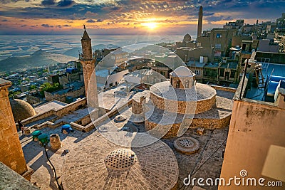 Old Mardin cityscape with roof of Turkish hammam during sunset, Mardin, Turkey Editorial Stock Photo