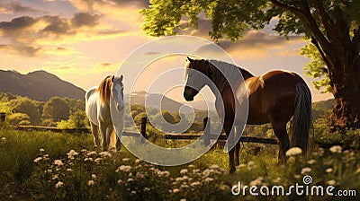 mare horse and cow Cartoon Illustration