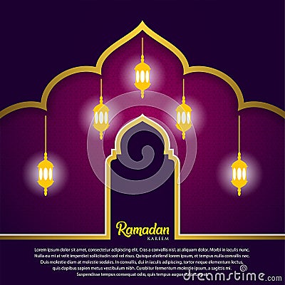 Ramadan kareem background, illustration with arabic lanterns and mosque dome, on purple background. EPS 10 contains transparency - Vector Illustration