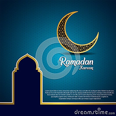 Ramadan kareem background, illustration with mosque dome and golden ornate crescent, on blue background Vector Illustration