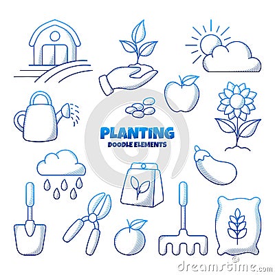 Planting and Gardening element set with hand drawn outline doodle style Cartoon Illustration