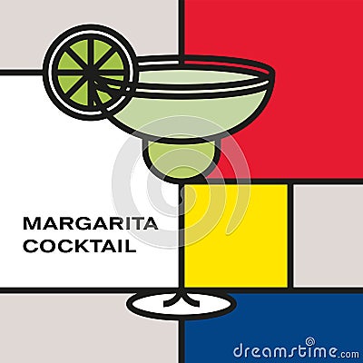 Margarita cocktail in margarita glass. Modern style art with rectangular color blocks. Vector Illustration