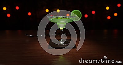 Margarita cocktail with lime on a stand in the bar 3d illustration Cartoon Illustration