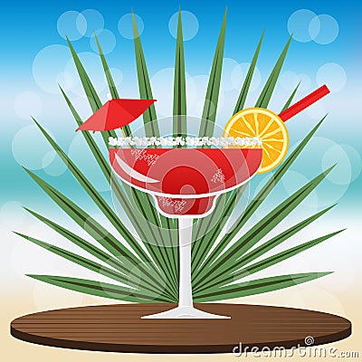 Margarita cocktail strawberry cocktail on wooden classic tray Vector Illustration