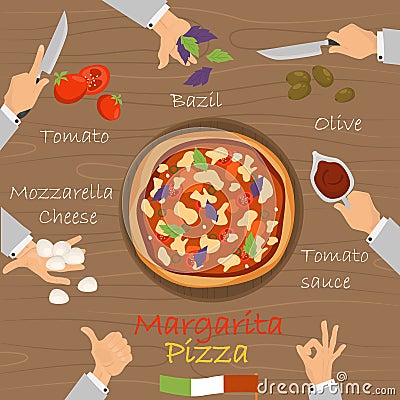 Margarita recipe pizza constructor on broun wood background Vector Illustration