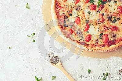 Margherita home made pizza with mushrooms. Top view on white table Stock Photo