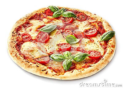 Margherita pizza garnished with fresh basil Stock Photo