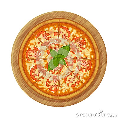 Margherita pizza with tomatoes on wood plate. Vector Illustration