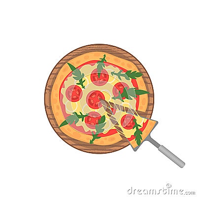 Margherita pizza on wooden board on white. Slice with melting cheese. Vector Vector Illustration