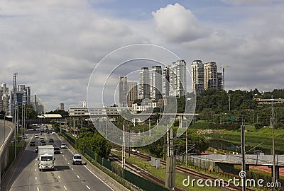 Marginal Pinheiros highway and skyscrapers in Sao Paulo, Brazil Editorial Stock Photo