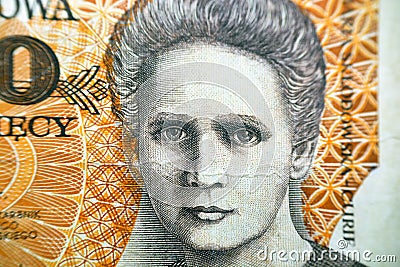 Maria (Marie) SkÅ‚odowska Curie from the obverse side of 20000 twenty thousand old Polish Zlotych banknote Stock Photo