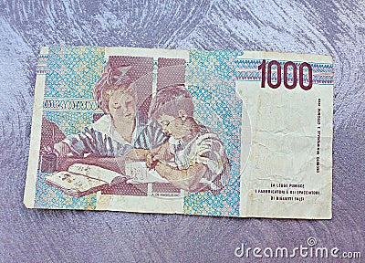 Old paper money 1000 lire, Italian bill, Maria Montessori Italy Banknote Stock Photo