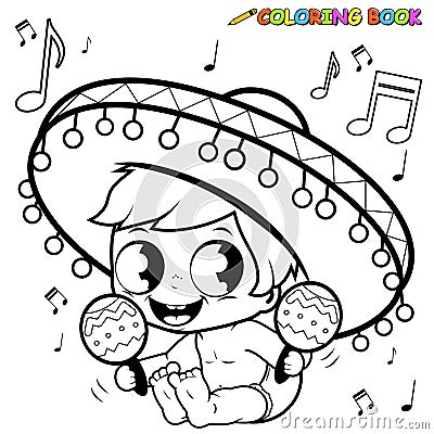 Mexican mariachi baby boy playing the maracas. Vector black and white coloring page. Vector Illustration