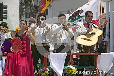 Mariachi Band playing on parade float during opening day parade down State Street, Santa Barbara, CA, Old Spanish Days Fiesta, Aug Editorial Stock Photo