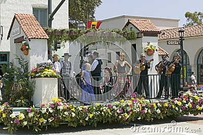 Mariachi Band playing on parade float during opening day parade down State Street, Santa Barbara, CA, Old Spanish Days Fiesta, Aug Editorial Stock Photo