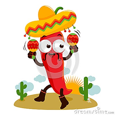 Cartoon Mexican mariachi chili pepper with maracas. Vector Illustration Vector Illustration