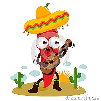 Cartoon Mexican mariachi chili pepper playing the guitar. Vector illustration Vector Illustration