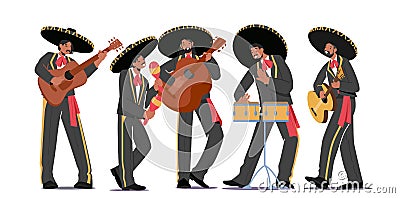 Mariachi Mexican Musicians Band Carnival Performance. Characters Playing Guitar, Drums and Maracas Instruments Vector Illustration