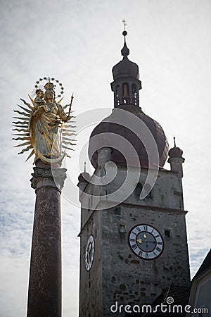 Marian Column with City Tower of Waidhofen an der Ybbs, Austria Stock Photo