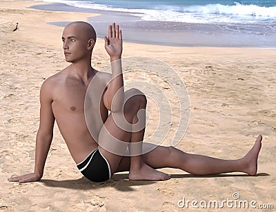 Marichyasana pose bald man right Stock Photo