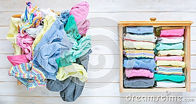 Marie Kondo tyding up method concept - before and after kids clothes drawer Stock Photo