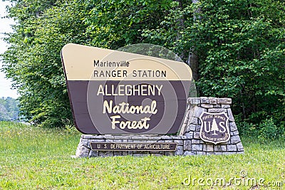 Marienville, Pennsylvania, USA June 10, 2023 The sign for the Allegheny National Forest Marienville Ranger Station Editorial Stock Photo