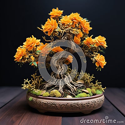 Marigold Bonsai With Detailed Petals On Wooden Tabletop Stock Photo