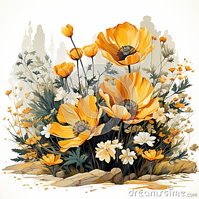 Marigold (calendula) flowers in watercolor splash isolated on white background, generative AI illustration Cartoon Illustration