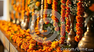 Marigold flowers in a pot on the altar in the temple Generative AI Cartoon Illustration
