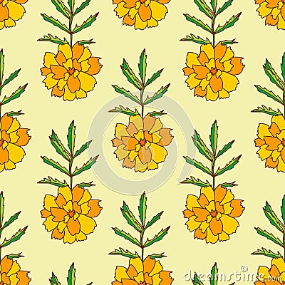 Marigold seamless pattern. Floral background for textile. Pattern print with orange marigold flowers Vector Illustration