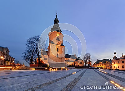 Marii Panny square with bell tower Cathedral in the evening. Kielce Stock Photo