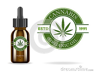 Marijuana, cannabis, hemp oil. Realistic brown glass bottle with cannabis extract. Icon product label and logo graphic Vector Illustration