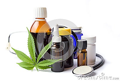 Marijuana and cannabis oil bottles isolated Stock Photo