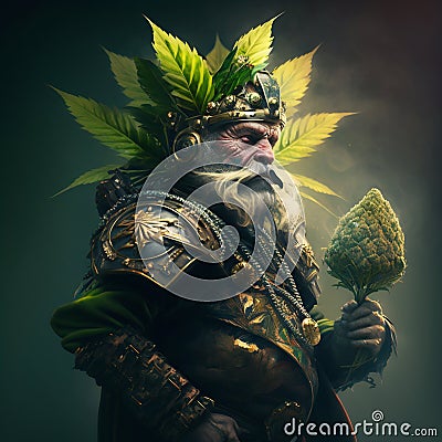 Marijuana dwarf in a magical forest. Growing weed concept. Generative AI Stock Photo