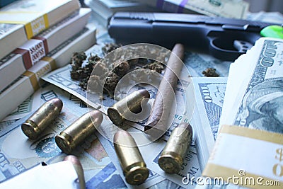 Marijuana With Guns, Money & Bullets High Quality Stock Photo Stock Photo