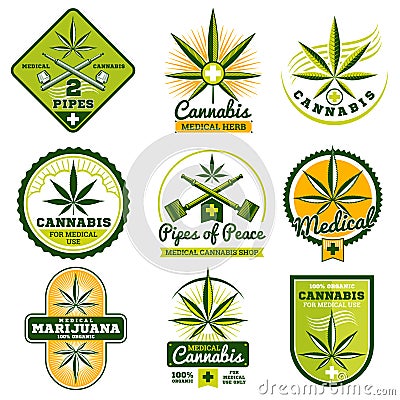 Marijuana, hashish, drug medicine vector logos and labels set Vector Illustration