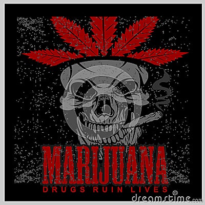 Marijuana Skull on grunge background. Vector for prints and tshirts Vector Illustration