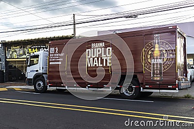 Trucks at the distribution and resale center of the AMBEV beer company on the streets of the city of Marilia Editorial Stock Photo