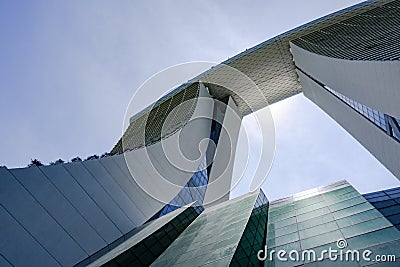 Marina Bay Sands Hotel, Singapore. View from bottom of two towers to rooftop of Marina Sands luxury Hotel Editorial Stock Photo