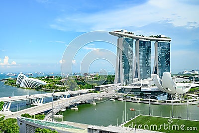 Marina Bay, Singapore with luxury Marina Bay Sands Hotel with rooftop pool, Domes of Gardens by the Bay and ArtSience Museum Editorial Stock Photo