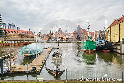 Marina with boats mooring in old harbor canal on Old Town, Gdansk, Poland Editorial Stock Photo