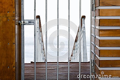 Marina entrance to pier closed in winter. Stock Photo