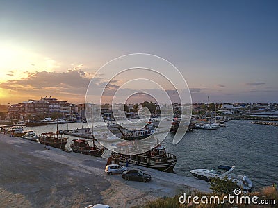 View over seaside town Paralia Katerini at Marina Olympic Coast. Aerial panorama of the sea stones, fishing boats and ships in Editorial Stock Photo