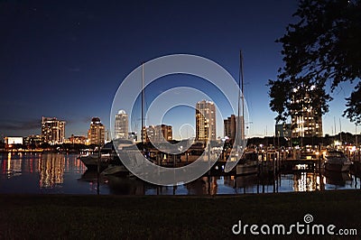 Marina at night downtown St. Petersburg, FL Stock Photo