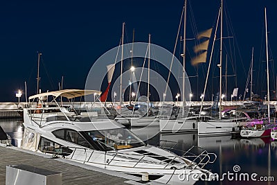 Marina with yacht boats in Sopot at night, Poland Stock Photo