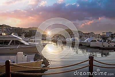 Marina and yacht club area in Cabo San Lucas, Los Cabos, a departure point for cruises, marlin fishing and lancha boats Stock Photo
