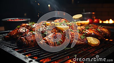 Marinated Chicken on a Grill in Restaraunt Style on Blurry Background Stock Photo